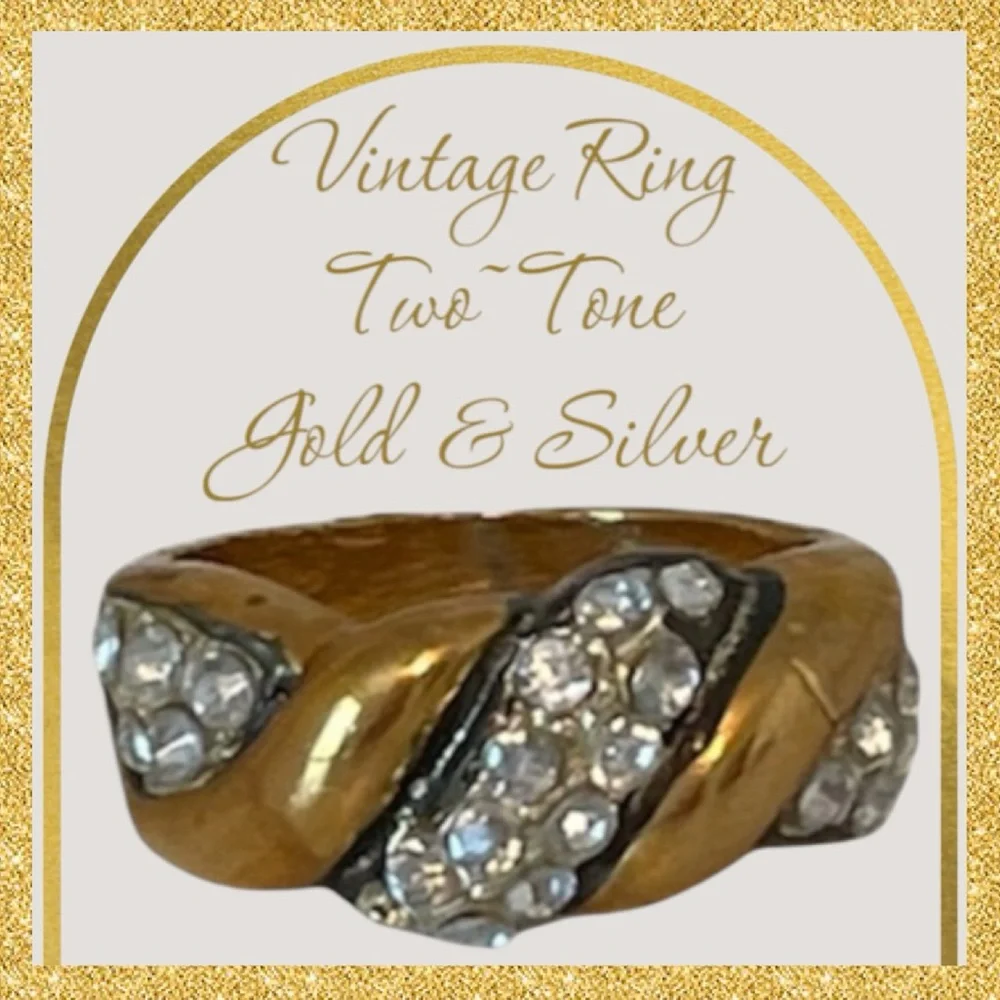 Vintage Ring Two Tone Gold Silver White Diamond Crystal Gemstone Vintage Jewelry